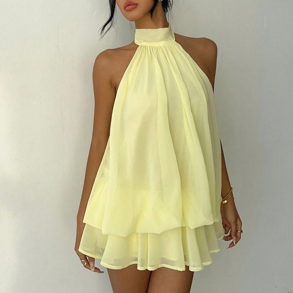 Light Yellow Elegant Women's Chiffon Mini Halter Dress - Picture 6 of 7
